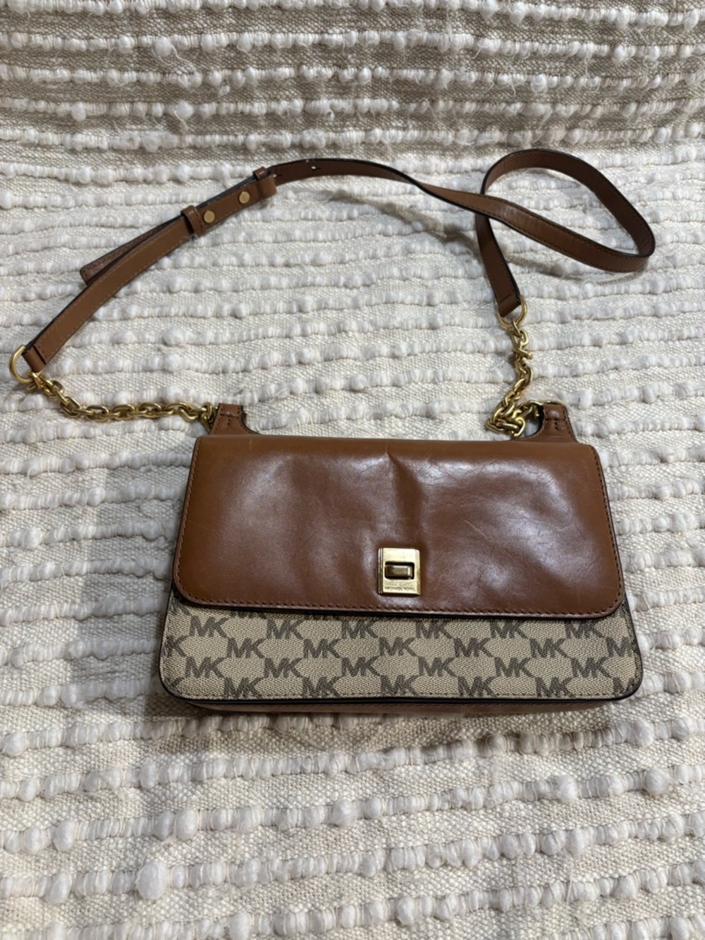 Michael Kors Brown Leather & Logo-Print Crossbody with Gold Hardware